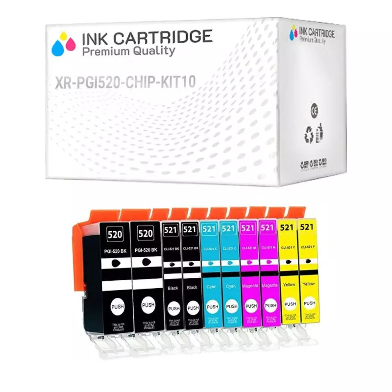 10 Cartucce Canon PGI-520 Nero + Colore CON CHIP Compatibili KIT 10 10 Cartucce Canon PGI-520 Nero + Colore CON CHIP Compatibili KIT 10